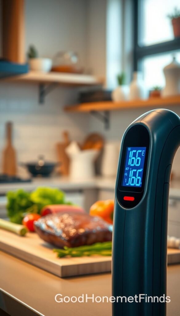 A sleek, modern instant-read thermometer is the focal point, displayed prominently in the foreground. The thermometer's digital screen glows with a bright, clear temperature reading of 165&deg;F, emphasizing its precision. In the middle ground, a beautifully arranged kitchen counter showcases fresh ingredients, like succulent meat and vibrant vegetables, illuminated by soft, natural light from a nearby window. Subtle bokeh effects create a warm, inviting atmosphere while keeping the focus on the thermometer. The background features soft kitchen shelf decor, enhancing the homey feel. Shot with a 50mm lens to capture every detail, the overall mood conveys safety, reliability, and the joy of cooking with the right tools. Include branding for "GoodHomeFinds" to enhance the lifestyle aesthetic.