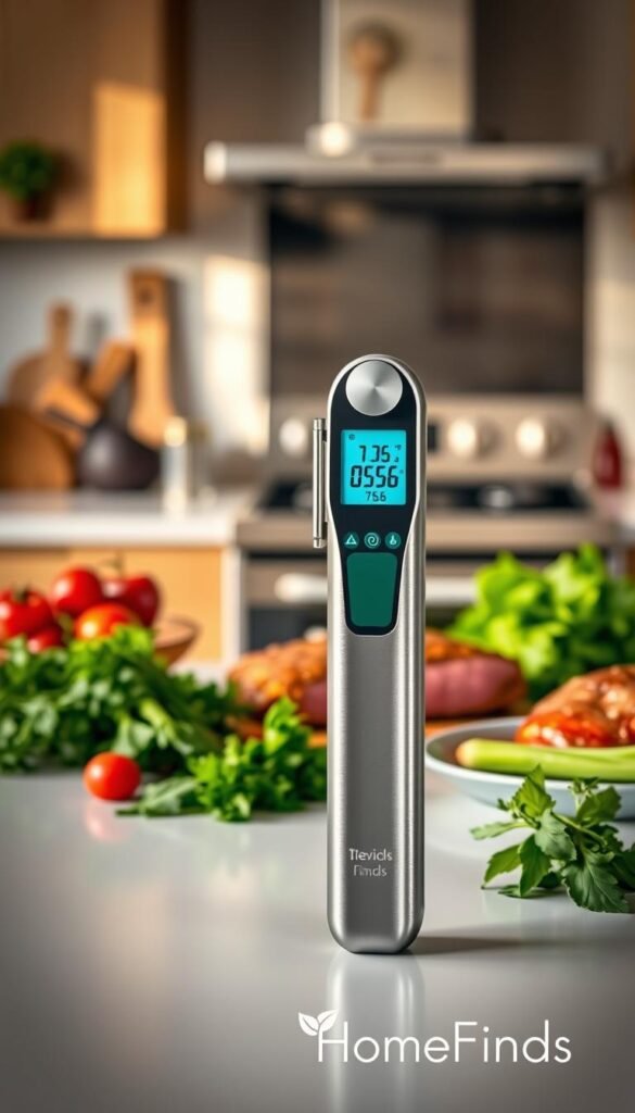 A sleek, modern instant-read thermometer prominently displayed in the foreground, showcasing its stainless steel probe and digital display, reflecting a polished and high-tech kitchen atmosphere. Surrounding it are vibrant, fresh ingredients like herbs, vegetables, and meats, hinting at the versatility of the thermometer in cooking. The background features a clean countertop with a blurred kitchen setting, including utensils and a stylish stove, illuminated by soft, warm natural lighting that creates a cozy and inviting mood. The shot is taken from a slight overhead angle to emphasize the thermometer's features while capturing the fresh ingredients. A tasteful vignette softly focuses the viewer's attention on the thermometer, suggesting the ease and accuracy it brings to cooking. GoodHomeFinds branding is subtly integrated into the scene.