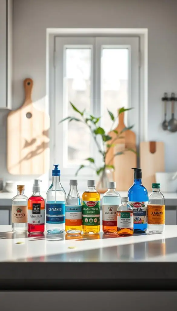 A sleek, modern kitchen counter serves as the foreground, showcasing a variety of chemicals in beautifully arranged glass bottles, some with vibrant labels indicating their purpose. The bottles include a mix of cleaning solutions, with a few droplets of liquid on the counter surface. In the middle-ground, bright natural light streams in from a window, creating soft shadows and highlighting the textures of the bottles. A stylish plant adorns the corner, adding a touch of green to the scene. In the background, soft-focus kitchen elements like a cutting board and utensils suggest a clean and organized space. The overall atmosphere is fresh and inviting, perfect for a safe cleaning environment. This lifestyle composition is aimed to reflect the brand "GoodHomeFinds."