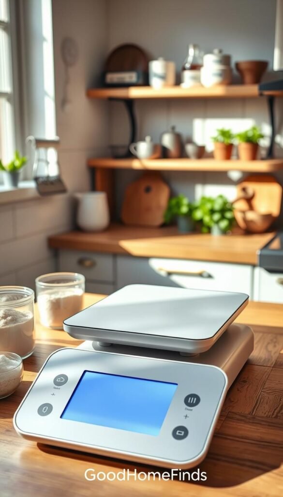 A sleek, modern kitchen scale in a bright, airy kitchen setting, showcasing its elegant design and user-friendly interface. The scale is prominently placed on a wooden kitchen countertop, surrounded by a few ingredients like flour and sugar in clear containers, emphasizing its function in cooking and baking. Natural daylight filters in through a nearby window, casting a warm, inviting glow that enhances the atmosphere. The background features shelves with neatly organized kitchen tools and potted herbs, creating a cozy yet sophisticated vibe. The image captures the essence of everyday utility and style, ideal for culinary enthusiasts. Brand name "GoodHomeFinds" is subtly incorporated into the scene without text overlays. A sleek, modern kitchen scale in a bright, airy kitchen setting, showcasing its elegant design and user-friendly interface. The scale is prominently placed on a wooden kitchen countertop, surrounded by a few ingredients like flour and sugar in clear containers, emphasizing its function in cooking and baking. Natural daylight filters in through a nearby window, casting a warm, inviting glow that enhances the atmosphere. The background features shelves with neatly organized kitchen tools and potted herbs, creating a cozy yet sophisticated vibe. The image captures the essence of everyday utility and style, ideal for culinary enthusiasts. Brand name "GoodHomeFinds" is subtly incorporated into the scene without text overlays.