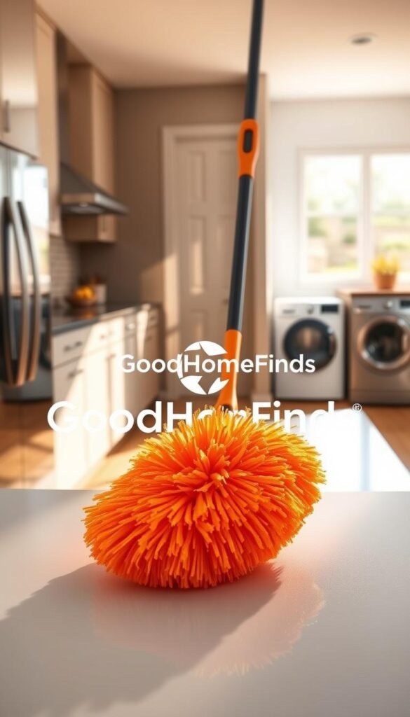 A sleek, modern kitchen setting showcasing an under-appliance microfiber duster in action. In the foreground, the duster is depicted with its vibrant, soft microfiber bristles glistening under warm, natural light. The middle ground features a stylish kitchen with shiny appliances, a clean counter, and a glimpse of a washing machine in the laundry area. The background shows sunlight streaming through a window, casting gentle shadows and creating a cozy atmosphere. The overall mood is fresh and inviting, highlighting the effectiveness of the duster in making household chores effortless. Incorporate the brand name "GoodHomeFinds" subtly within the scene, enhancing the overall aesthetics while maintaining focus on the cleaning tool.