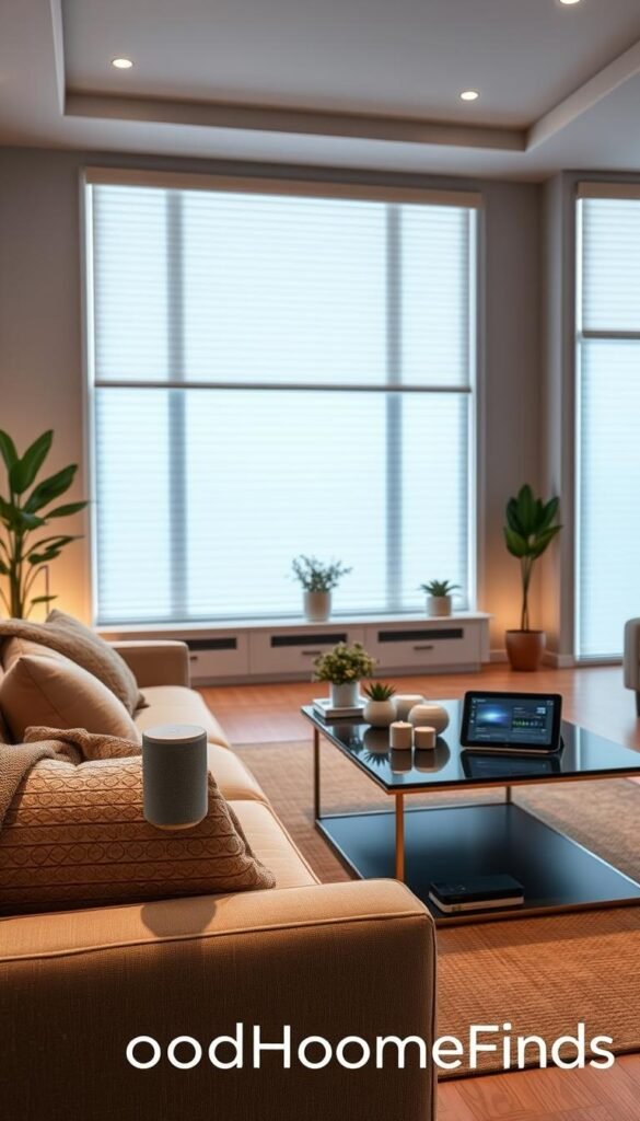 A sleek, modern living room showcasing the benefits of a smart home. In the foreground, a cozy sofa with a neatly arranged throw blanket, complemented by a smart voice assistant device on a stylish side table. The middle section features an elegant coffee table with smart home gadgets like automated light controls and a tablet displaying energy usage stats. In the background, large windows let in natural light, revealing smart blinds partially drawn. Soft, warm lighting creates an inviting atmosphere, emphasizing a sense of comfort and innovation. The scene is framed with subtle greenery from indoor plants, enhancing the freshness and modernity of the space. The overall mood is peaceful and sophisticated, perfectly capturing the essence of contemporary living. GoodHomeFinds branding subtly integrated in the decor, without being intrusive. A sleek, modern living room showcasing the benefits of a smart home. In the foreground, a cozy sofa with a neatly arranged throw blanket, complemented by a smart voice assistant device on a stylish side table. The middle section features an elegant coffee table with smart home gadgets like automated light controls and a tablet displaying energy usage stats. In the background, large windows let in natural light, revealing smart blinds partially drawn. Soft, warm lighting creates an inviting atmosphere, emphasizing a sense of comfort and innovation. The scene is framed with subtle greenery from indoor plants, enhancing the freshness and modernity of the space. The overall mood is peaceful and sophisticated, perfectly capturing the essence of contemporary living. GoodHomeFinds branding subtly integrated in the decor, without being intrusive.