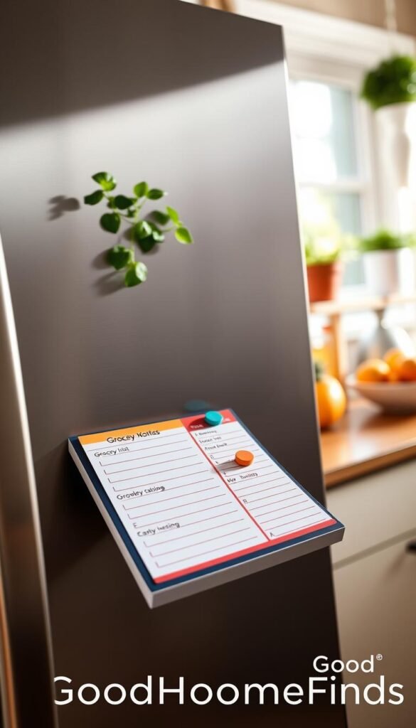 A sleek, modern magnetic fridge notepad designed for grocery lists and daily tasks, prominently displayed in the foreground on a stylish stainless steel refrigerator. The notepad features vibrant colors and an easy-to-use layout, with a few colorful magnets holding it in place. In the background, soft natural light filters through a nearby kitchen window, illuminating cheerful kitchen decor like potted herbs and a fruit bowl, adding a warm and inviting atmosphere. Close-up angle capturing the notepad in detail, showcasing organized sections for tasks and lists. The scene evokes a sense of productivity and home organization, highlighting the product as a must-have daily life find. Branded subtly as "GoodHomeFinds" on the corner of the notepad.