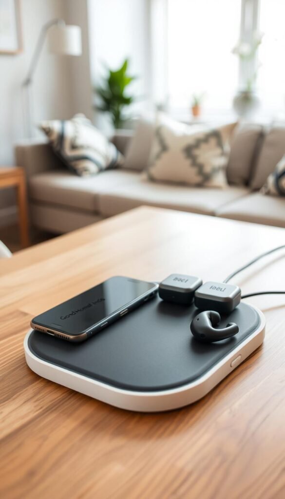 A sleek, modern maintenance charging pad designed for small apartments, placed on a stylish wooden table. In the foreground, the charging pad is surrounded by a few essential gadgets, including a smartphone and wireless earbuds, all subtly branded with "GoodHomeFinds." The middle ground features a bright living space, showcasing a cozy couch adorned with decorative cushions and a potted plant, suggesting a family-friendly atmosphere. The background includes soft natural light filtering through a window, illuminating the room with a warm glow. Capture this scene from a slightly elevated angle, emphasizing the organization and neatness essential for daily upkeep in compact living spaces, while maintaining a clean, minimalistic aesthetic.