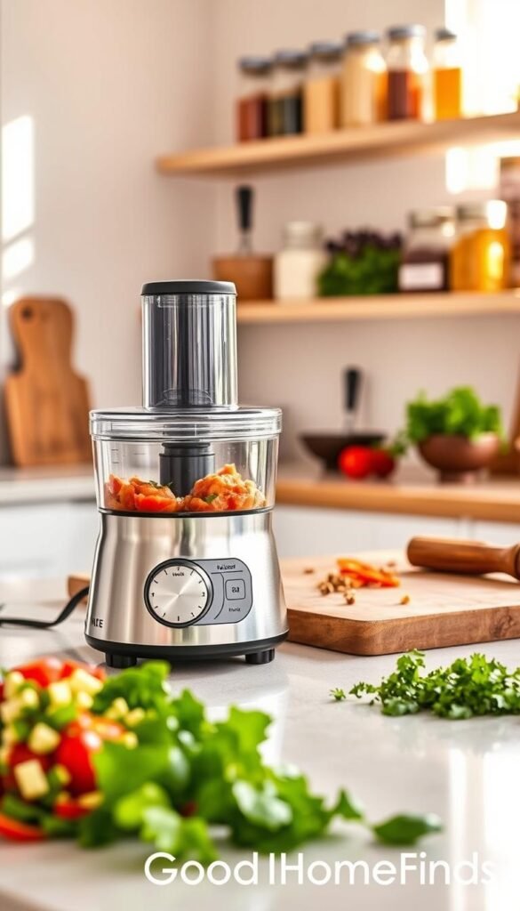 A sleek, modern mini food processor designed for small-batch chopping and sauces, prominently displayed in a bright, airy kitchen setting. In the foreground, the food processor, featuring a shiny stainless steel bowl and an intuitive control panel, is surrounded by fresh ingredients like diced vegetables and herbs, showcasing its functionality. The middle layer includes a rustic wooden cutting board with a few scattered ingredients, emphasizing the ease of use in meal prep. In the background, sunlit shelves filled with colorful jars and cooking spices create a welcoming atmosphere. The scene should be captured with a warm, inviting lighting to evoke a homely feel, using a close-up angle to highlight the textural details of the food processor and its surroundings. Watermarked subtly in the corner is the brand name "GoodHomeFinds."