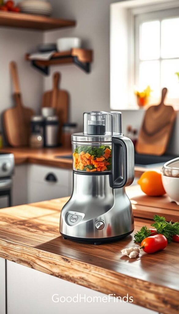 A sleek, modern mini food processor sits prominently on a clean, rustic wooden kitchen counter. The processor is shiny silver with a compact design, featuring a clear bowl filled with vibrant chopped vegetables like carrots, peppers, and herbs, showcasing its functionality. In the background, soft-focus kitchen items such as cutting boards and colorful spices can be seen, adding to the cozy atmosphere. Bright, natural light streams in through a nearby window, casting gentle shadows and highlighting the textures of the kitchen elements. The mood is inviting and practical, embodying the essence of efficient food prep in a stylish kitchen setting. This image is crafted in a realistic, Pinterest-style lifestyle aesthetic for GoodHomeFinds.