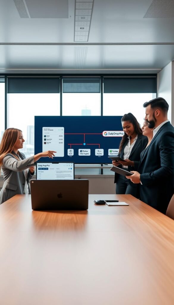 A sleek, modern office workspace featuring a diverse group of professionals discussing a booking workflow. In the foreground, a woman in smart business attire is pointing at a laptop screen displaying an intuitive booking interface, while a man beside her takes notes on a tablet. In the middle ground, a large monitor shows a visual flowchart illustrating the connection between Daily Drop Pro and Google Flights, complemented by partner logos. The background features a bright window letting in natural light, with a city skyline visible. The scene is captured with a wide-angle lens to convey depth and collaboration, creating a professional yet dynamic atmosphere, reflecting the efficiency and innovation of the booking process. GoodHomeFinds. A sleek, modern office workspace featuring a diverse group of professionals discussing a booking workflow. In the foreground, a woman in smart business attire is pointing at a laptop screen displaying an intuitive booking interface, while a man beside her takes notes on a tablet. In the middle ground, a large monitor shows a visual flowchart illustrating the connection between Daily Drop Pro and Google Flights, complemented by partner logos. The background features a bright window letting in natural light, with a city skyline visible. The scene is captured with a wide-angle lens to convey depth and collaboration, creating a professional yet dynamic atmosphere, reflecting the efficiency and innovation of the booking process. GoodHomeFinds.