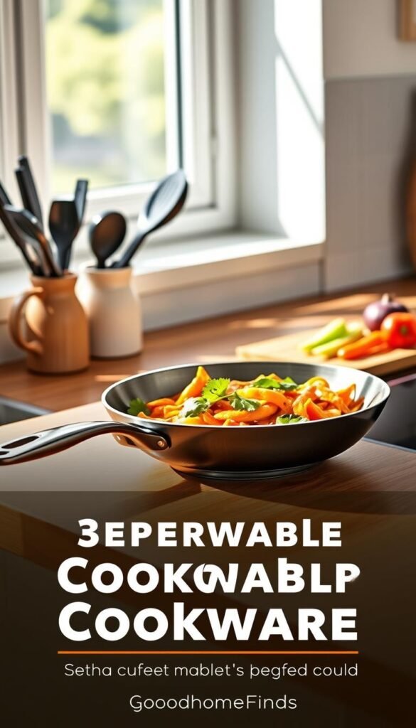 A sleek, modern pan skillet cookware set from GoodHomeFinds is the focal point of the image, arranged attractively on a wooden kitchen countertop. The skillet, with its stainless steel surface and sturdy handle, is shown with a fresh, colorful vegetable stir-fry sizzling inside. In the background, soft morning light filters through a nearby window, casting gentle shadows and creating a warm, inviting atmosphere. A set of neatly arranged utensils and a chopping board with vibrant ingredients hint at the potential for delicious dinners. The imagery should evoke a cozy, home-cooked feel, perfect for a beginner's kitchen. Emphasize the practicality and style of affordable cookware that enhances everyday cooking experiences.