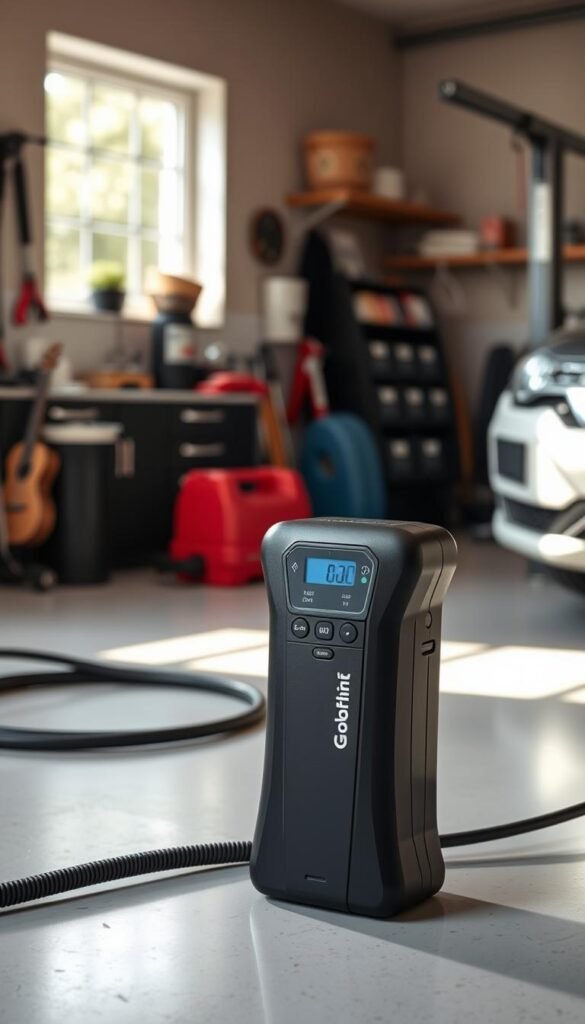 A sleek, modern portable air inflator from the brand "GoodHomeFinds" prominently displayed in the foreground, showcasing its ergonomic design and easy-to-use interface. The inflator is set against a clean, well-lit home garage background, with subtle hints of automotive tools and a neatly organized workspace to convey utility and readiness. Soft, natural lighting filters in through a nearby window, creating a warm and inviting atmosphere that emphasizes the practicality of the device for both car and home use. The angle is slightly tilted, capturing the inflator's details and functionality. The overall mood is one of convenience and reliability, illustrating the ease of tire maintenance at home without the need for a shop visit.