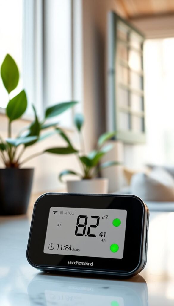 A sleek, modern portable carbon dioxide monitor from the brand "GoodHomeFinds" prominently displayed on a clean kitchen countertop. In the foreground, the monitor features a digital readout showing CO2 levels with a green LED indicator for optimal air quality. The middle ground includes a stylish potted plant, suggesting a fresh living environment, while a window behind is slightly ajar, allowing soft, natural light to illuminate the scene. The background hints at a cozy home atmosphere, with blurred hints of soft furnishings. The image is captured with a warm tone, creating an inviting mood perfect for an article on air quality gadgets. A sleek, modern portable carbon dioxide monitor from the brand "GoodHomeFinds" prominently displayed on a clean kitchen countertop. In the foreground, the monitor features a digital readout showing CO2 levels with a green LED indicator for optimal air quality. The middle ground includes a stylish potted plant, suggesting a fresh living environment, while a window behind is slightly ajar, allowing soft, natural light to illuminate the scene. The background hints at a cozy home atmosphere, with blurred hints of soft furnishings. The image is captured with a warm tone, creating an inviting mood perfect for an article on air quality gadgets.