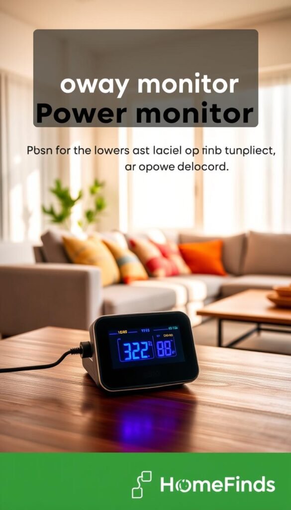 A sleek, modern power monitor displayed on a stylish wooden table in a bright, contemporary living room. The monitor features a clear digital display showing energy usage stats in vibrant colors, emphasizing its functionality. In the foreground, a cozy sofa adorned with colorful cushions hints at a relaxing home atmosphere. In the background, soft diffused sunlight streams through large windows, casting gentle shadows and creating a warm ambiance. The walls are painted in soft neutral tones, enhancing the modern aesthetic. A subtle green plant adds a touch of life to the scene. The overall mood is inviting and efficient, perfect for showcasing how the power monitor helps find energy vampires and lowers electric bills. The image should evoke a sense of practicality and ease, fitting for the brand "GoodHomeFinds."