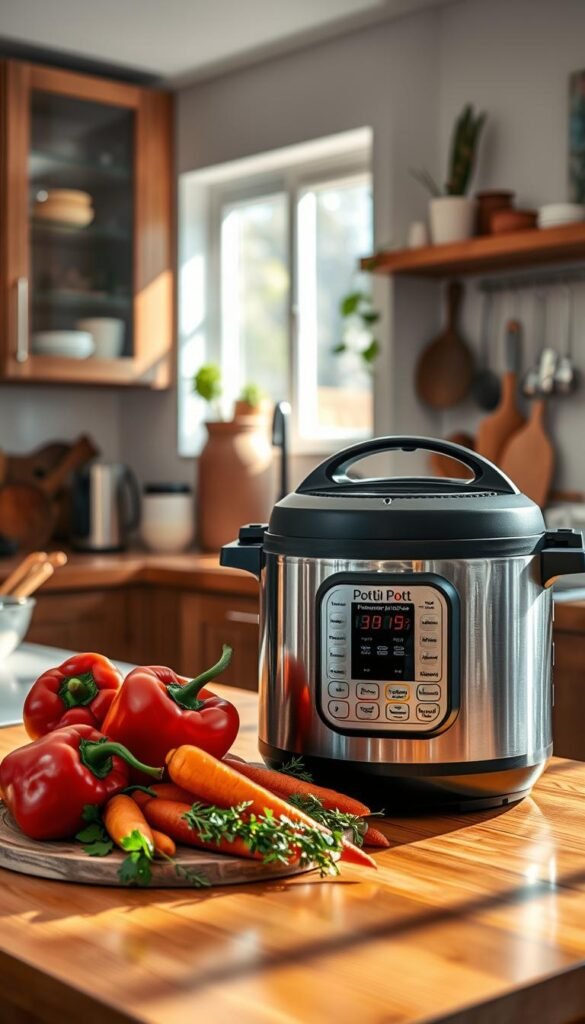 A sleek, modern pressure cooker placed prominently on a polished wooden kitchen countertop, with shiny metal accents reflecting warm natural light. In the foreground, fresh vegetables like peppers, carrots, and herbs are artfully arranged, suggesting a healthy, one-pot dinner. In the background, a well-organized kitchen showcases elegant cabinetry and stylish utensils, enhancing the ambiance of modern cooking technology. The image captures the essence of energy efficiency and convenience, with the cooker&rsquo;s digital display visible yet unobtrusive. Soft morning light streams through a nearby window, casting gentle shadows that evoke a cozy and inviting atmosphere. The overall mood is fresh, inspiring, and perfect for demonstrating kitchen innovation. GoodHomeFinds.