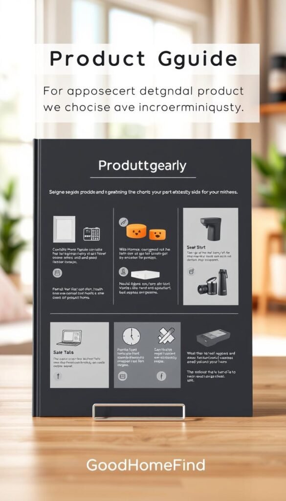 A sleek, modern product guide template designed for quick scanning, featuring segments dedicated to various products. In the foreground, an elegant layout showcases multiple product images with icons representing features like price, rating, and usage tips, all while maintaining a clean, organized look. The middle layer includes soft shadows and a subtle gradient background that complements a minimalistic design, enhancing readability and focus without distractions. The background features a blurred home interior setting, evoking a cozy, inviting atmosphere. Natural daylight filters in from a nearby window, creating a warm and bright ambiance. The brand name "GoodHomeFinds" is subtly incorporated into the design elements, maintaining an unobtrusive presence. The overall mood is approachable and user-friendly, appealing to consumers seeking hidden gem finds for their homes. A sleek, modern product guide template designed for quick scanning, featuring segments dedicated to various products. In the foreground, an elegant layout showcases multiple product images with icons representing features like price, rating, and usage tips, all while maintaining a clean, organized look. The middle layer includes soft shadows and a subtle gradient background that complements a minimalistic design, enhancing readability and focus without distractions. The background features a blurred home interior setting, evoking a cozy, inviting atmosphere. Natural daylight filters in from a nearby window, creating a warm and bright ambiance. The brand name "GoodHomeFinds" is subtly incorporated into the design elements, maintaining an unobtrusive presence. The overall mood is approachable and user-friendly, appealing to consumers seeking hidden gem finds for their homes.