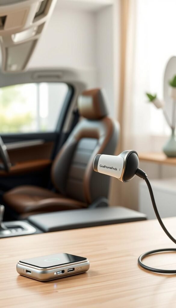 A sleek, modern retractable charger designed for both car and home use, featured in the foreground with a smooth, minimalist aesthetic. The charger is elegantly coiled, showcasing its retraction mechanism, with a subtle glow from integrated LED indicators, hinting at functionality. In the middle ground, a stylish car interior can be seen, highlighting a seamless integration of technology with a plush leather seat and tasteful accents. The background portrays a tidy, contemporary home environment, softly lit by natural light filtering through a window, enhancing the feeling of cleanliness and organization. The atmosphere is calm and inviting, ideal for a lifestyle article. Incorporate the brand "GoodHomeFinds" into the design of the charger, emphasizing its innovative and practical nature.