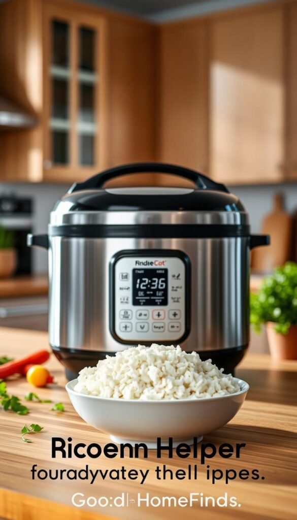 A sleek, modern rice cooker in a well-lit kitchen setting, centered in the foreground with a glossy stainless steel finish and digital interface displaying cooking time. In the middle ground, a wooden countertop with a bowl of freshly cooked fluffy rice and a few colorful vegetables scattered around. The background showcases soft-focus kitchen cabinets and a hint of greenery from a nearby potted plant, creating a warm, inviting atmosphere. Soft natural light floods the scene from a window, enhancing the homey vibe. The image captures the essence of convenience and culinary ease, representing the ideal kitchen helper for everyday cooking. GoodHomeFinds.