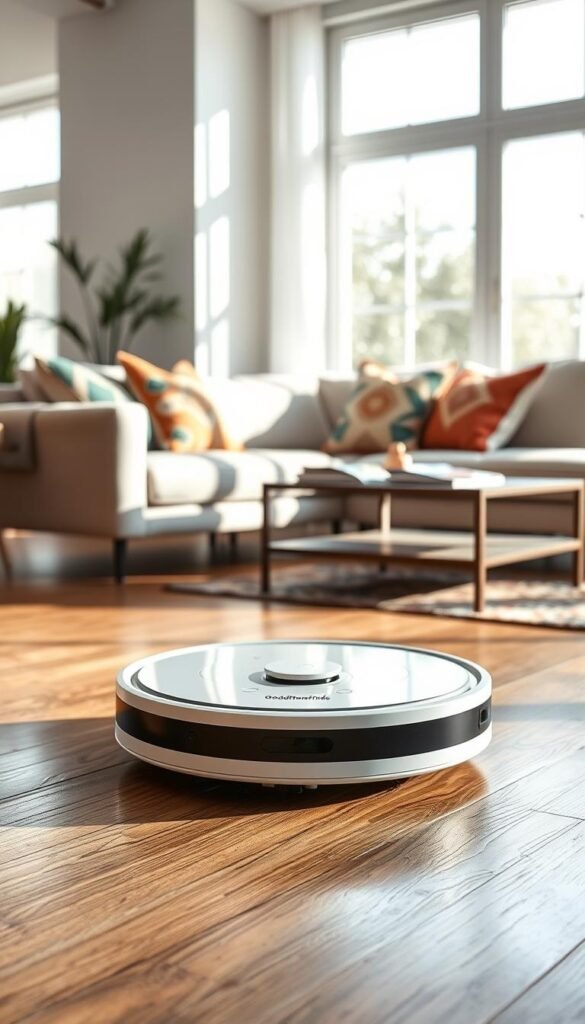 A sleek, modern robot vacuum gliding effortlessly across a stylish hardwood floor in a bright, airy living room. The device features a glossy white surface with subtle LED indicators and a low-profile design. In the foreground, the vacuum is in sharp focus, showcasing its advanced sensors. In the background, a cozy sofa adorned with colorful decorative pillows and a coffee table with magazines adds warmth to the scene. Natural light streams in through large windows, creating soft shadows and highlighting the robot's motion. The atmosphere is clean, inviting, and tech-savvy, perfect for illustrating state-of-the-art floor cleaning technology. No text or logos visible, just the brand name "GoodHomeFinds" subtly incorporated into the product design. A sleek, modern robot vacuum gliding effortlessly across a stylish hardwood floor in a bright, airy living room. The device features a glossy white surface with subtle LED indicators and a low-profile design. In the foreground, the vacuum is in sharp focus, showcasing its advanced sensors. In the background, a cozy sofa adorned with colorful decorative pillows and a coffee table with magazines adds warmth to the scene. Natural light streams in through large windows, creating soft shadows and highlighting the robot's motion. The atmosphere is clean, inviting, and tech-savvy, perfect for illustrating state-of-the-art floor cleaning technology. No text or logos visible, just the brand name "GoodHomeFinds" subtly incorporated into the product design.