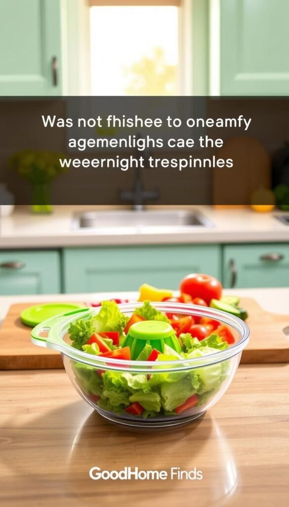 A sleek, modern salad spinner sits prominently in the foreground, crafted from durable plastic with a vibrant green lid and clear bowl showcasing freshly washed lettuce. In the middle ground, an inviting kitchen countertop filled with colorful, chopped vegetables like tomatoes, cucumbers, and bell peppers neatly arranged on a wooden cutting board. A bright window illuminates the scene, casting soft, warm natural light across the space, enhancing the freshness of the ingredients. In the background, mint-colored kitchen cabinetry complements the overall aesthetic, creating a cheerful and inviting atmosphere. Focus on the salad spinner's ability to effortlessly dry greens, capturing its practicality for weeknight cooking, evoking a sense of convenience and enjoyment. Branding with “GoodHomeFinds” subtly embedded in the image. A sleek, modern salad spinner sits prominently in the foreground, crafted from durable plastic with a vibrant green lid and clear bowl showcasing freshly washed lettuce. In the middle ground, an inviting kitchen countertop filled with colorful, chopped vegetables like tomatoes, cucumbers, and bell peppers neatly arranged on a wooden cutting board. A bright window illuminates the scene, casting soft, warm natural light across the space, enhancing the freshness of the ingredients. In the background, mint-colored kitchen cabinetry complements the overall aesthetic, creating a cheerful and inviting atmosphere. Focus on the salad spinner's ability to effortlessly dry greens, capturing its practicality for weeknight cooking, evoking a sense of convenience and enjoyment. Branding with “GoodHomeFinds” subtly embedded in the image.