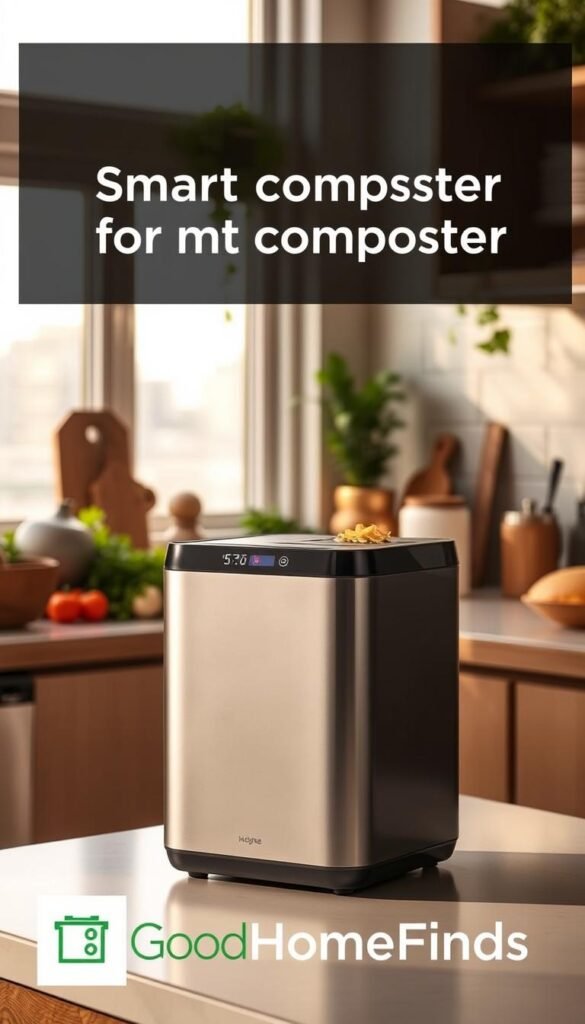 A sleek, modern smart composter designed for urban living, set in a cozy kitchen environment. In the foreground, the composter features a minimalist design with a digital interface displaying temperature controls and a compost level indicator. The midground showcases countertops adorned with fresh vegetables and herbs, hinting at a sustainable lifestyle. In the background, a window reveals a bright, sunlit cityscape, emphasizing a connection between eco-conscious living and urban environments. Soft, natural lighting bathes the scene, highlighting the textures of the composter and the vibrant colors of fresh produce. The overall mood is inviting and innovative, showcasing the practical yet stylish nature of eco-friendly gadgets. Branding for "GoodHomeFinds" subtly integrated within the design elements. A sleek, modern smart composter designed for urban living, set in a cozy kitchen environment. In the foreground, the composter features a minimalist design with a digital interface displaying temperature controls and a compost level indicator. The midground showcases countertops adorned with fresh vegetables and herbs, hinting at a sustainable lifestyle. In the background, a window reveals a bright, sunlit cityscape, emphasizing a connection between eco-conscious living and urban environments. Soft, natural lighting bathes the scene, highlighting the textures of the composter and the vibrant colors of fresh produce. The overall mood is inviting and innovative, showcasing the practical yet stylish nature of eco-friendly gadgets. Branding for "GoodHomeFinds" subtly integrated within the design elements.