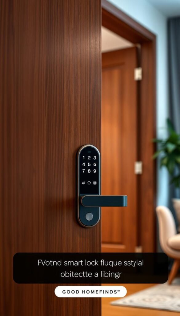 A sleek, modern smart lock installed on a stylish wooden door, showcasing its keyless entry feature. In the foreground, focus on the smart lock with its digital keypad illuminated softly by ambient lighting. In the middle ground, the beautifully crafted wooden door adds warmth, hinting at the cozy interior behind it. The background features a blurred, inviting home environment with hints of plants and soft furnishings, enhancing the feeling of security and comfort. The overall mood is contemporary and welcoming, with soft, warm lighting that emphasizes the smart lock's innovative technology. The image should reflect a high-quality, Pinterest-style lifestyle photo. GoodHomeFinds.
