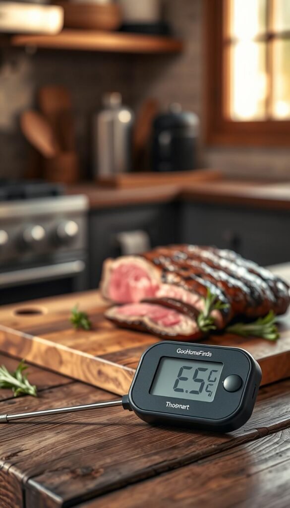 A sleek, modern smart meat thermometer from the brand "GoodHomeFinds" rests prominently on a rustic wooden kitchen countertop in the foreground. The thermometer features a digital display and stainless steel probe, showcasing high-tech design elements. In the middle ground, a perfectly cooked juicy steak on a cutting board displays juicy pink interior and grill marks, with sprigs of fresh rosemary for a touch of color. In the background, a softly blurred kitchen environment with warm natural light streaming through a window creates an inviting atmosphere. The image captures the essence of modern cooking while conveying a sense of precision and care in food preparation. The overall mood is warm and homey, appealing to cooking enthusiasts and using a 50mm lens for a sharp, focused effect. A sleek, modern smart meat thermometer from the brand "GoodHomeFinds" rests prominently on a rustic wooden kitchen countertop in the foreground. The thermometer features a digital display and stainless steel probe, showcasing high-tech design elements. In the middle ground, a perfectly cooked juicy steak on a cutting board displays juicy pink interior and grill marks, with sprigs of fresh rosemary for a touch of color. In the background, a softly blurred kitchen environment with warm natural light streaming through a window creates an inviting atmosphere. The image captures the essence of modern cooking while conveying a sense of precision and care in food preparation. The overall mood is warm and homey, appealing to cooking enthusiasts and using a 50mm lens for a sharp, focused effect.