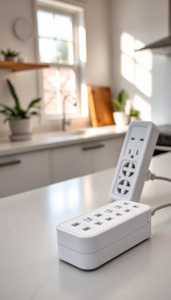 A sleek, modern smart plug in the foreground, elegantly designed with a glossy white finish and soft blue LED indicator lights. Displayed next to a well-organized, minimalist power strip, showcasing multiple outlets for versatile power distribution. In the middle ground, a clean, bright kitchen counter adds a touch of warmth, illuminated by natural light streaming through a nearby window, creating soft shadows and highlighting the tech products. In the background, subtle hints of a stylish kitchen environment, including potted plants and elegant kitchenware, evoke a contemporary, tech-savvy home atmosphere. The scene has an inviting and practical mood, reflecting efficient home tech integration. Capture the essence of "GoodHomeFinds" with an emphasis on usability and aesthetics, without any text or branding directly on the products.