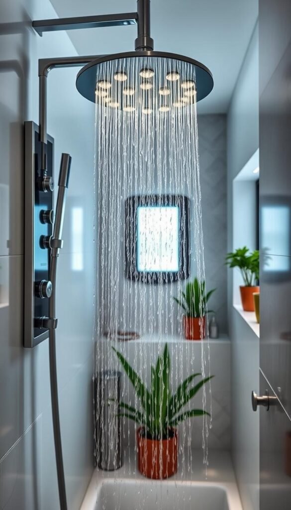 A sleek, modern smart shower in a stylish tight bathroom space, featuring a minimalist design with high-tech touch controls. In the foreground, a rain showerhead is elegantly designed, with water droplets glistening under soft, ambient lighting from a built-in light panel. The middle section showcases a chic tile backdrop with geometric patterns, complemented by potted plants that add a touch of freshness. In the background, a small window allows natural light to filter in, enhancing the tranquil atmosphere. The overall mood is serene and luxurious, perfect for a spa-like experience even in compact settings. The image captures the essence of innovative bathroom technology in a tasteful, inviting style. GoodHomeFinds. A sleek, modern smart shower in a stylish tight bathroom space, featuring a minimalist design with high-tech touch controls. In the foreground, a rain showerhead is elegantly designed, with water droplets glistening under soft, ambient lighting from a built-in light panel. The middle section showcases a chic tile backdrop with geometric patterns, complemented by potted plants that add a touch of freshness. In the background, a small window allows natural light to filter in, enhancing the tranquil atmosphere. The overall mood is serene and luxurious, perfect for a spa-like experience even in compact settings. The image captures the essence of innovative bathroom technology in a tasteful, inviting style. GoodHomeFinds.