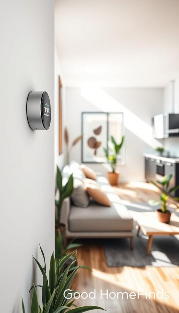 A sleek, modern smart thermostat mounted on a white wall in a cozy, well-lit apartment. In the foreground, the thermostat displays a colorful, easy-to-read screen indicating the current temperature settings. The middle ground shows a stylish living room with minimalist decor, featuring a plush sofa, a coffee table, and indoor plants adding a fresh touch. Sunlight filters through a large window, casting soft shadows, creating a warm and inviting atmosphere. In the background, a glimpse of a kitchen can be seen with smart appliances, enhancing the smart home vibe. The setting is clean, contemporary, and well-organized, reflecting a blend of technology and comfort. This scene embodies the theme of energy efficiency and modern living, branded subtly with "GoodHomeFinds".