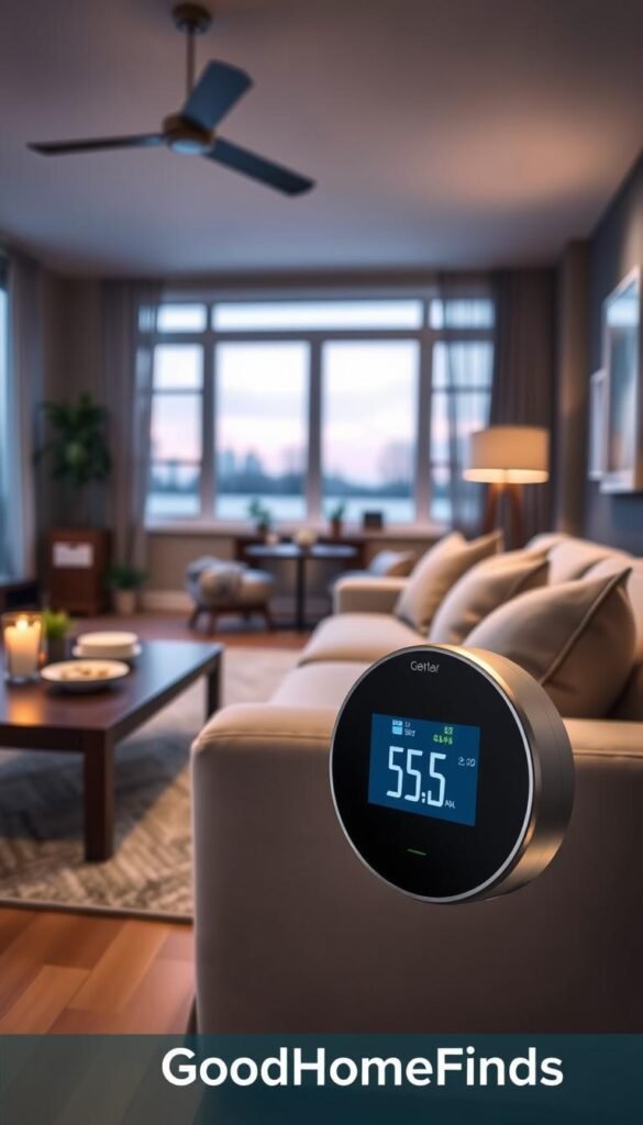 A sleek, modern smart thermostat prominently displayed in a stylish living room setting, featuring soft ambient lighting that highlights its intuitive interface. In the foreground, a close-up of the thermostat's digital screen shows energy-saving statistics. The middle ground includes a cozy couch with neutral-toned cushions, enhancing the room's warm atmosphere. In the background, large windows allow natural light to flood the space, showcasing a peaceful outdoor view. Subtle decorative elements, like potted plants and tasteful artwork, add a touch of elegance. Capture this scene with a slightly angled perspective to convey depth and realism. The overall mood is inviting and practical, emphasizing the ease of integrating smart technology into everyday life. Brand name: GoodHomeFinds.