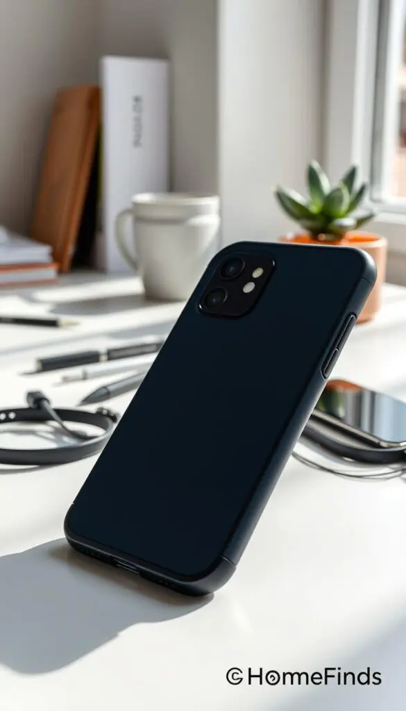 A sleek modern smartphone displayed prominently in the foreground, encased in a stylish, impact-resistant phone case that features a unique texture and color, perhaps a deep navy blue or matte black. In the middle ground, various phone protection accessories, such as screen protectors and detachable lanyards, are artistically arranged to enhance the idea of convenience and safety without bulk. The background shows a light-filled, cozy workspace, decorated with minimalist stationery and a soft plant, conveying a sense of tranquility and organization. Natural lighting floods the scene, creating soft shadows and highlighting the sleek surfaces. The overall atmosphere is professional and inviting, showcasing practical phone protection options in a lifestyle context. GoodHomeFinds branding subtly integrated into the aesthetic.