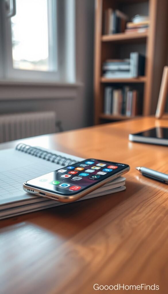 A sleek modern smartphone resting on a polished wooden desk, surrounded by minimalistic desk accessories like a stylish notebook and a quality pen. The phone's screen displays vibrant app icons, while its metallic finish gleams in the warm natural light pouring in from a nearby window. In the background, a softly blurred bookshelf hints at an organized workspace. The image captures a clean, professional aesthetic, emphasizing productivity and simplicity, with a cozy atmosphere. The composition includes a shallow depth of field to focus on the phone, using a slight upward angle to convey an engaging perspective. The setting reflects a Pinterest-worthy lifestyle, perfect for a tech-savvy audience. Created by GoodHomeFinds.