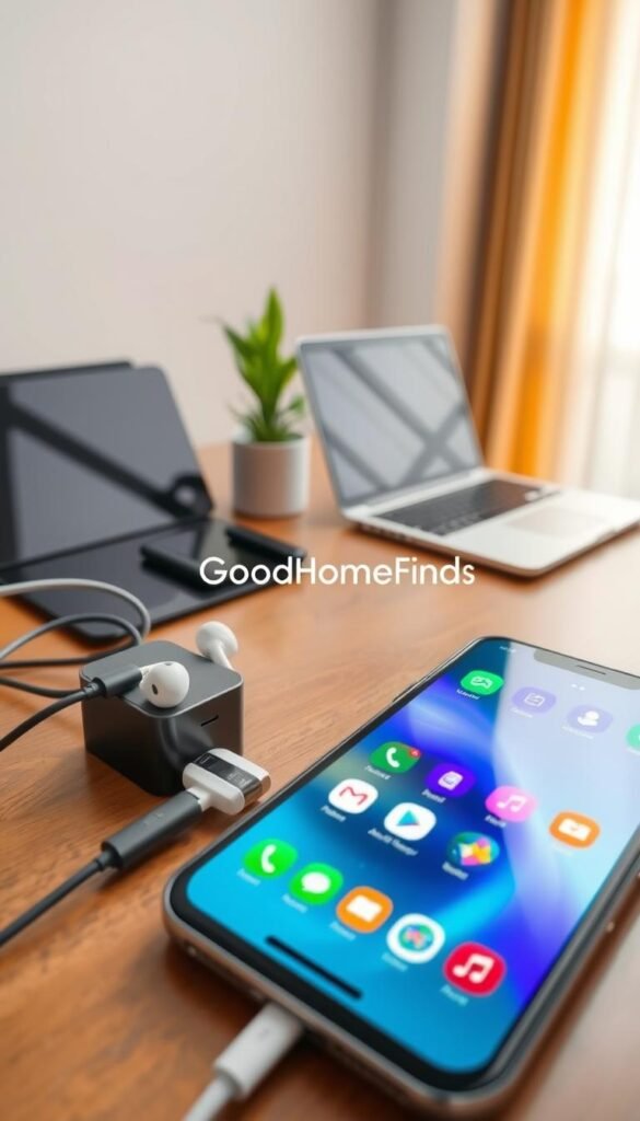 A sleek, modern smartphone with a glossy finish, displayed prominently in the foreground, showcasing vibrant app icons on its screen. Surrounding the phone, a multi-port USB charger with several connected cables, emphasizing its utility for multiple devices, including earbuds and a tablet. In the middle ground, a clean, organized workspace with a wooden desk, a stylish laptop, and a potted plant for a touch of greenery. The background features soft, diffused natural light streaming through a window, creating a warm and inviting atmosphere. Shot from a slightly elevated angle to capture the entire setup, evoking a sense of productivity and efficiency, ideal for a lifestyle image. The brand "GoodHomeFinds" subtly integrated within the scene, ensuring a professional aesthetic.