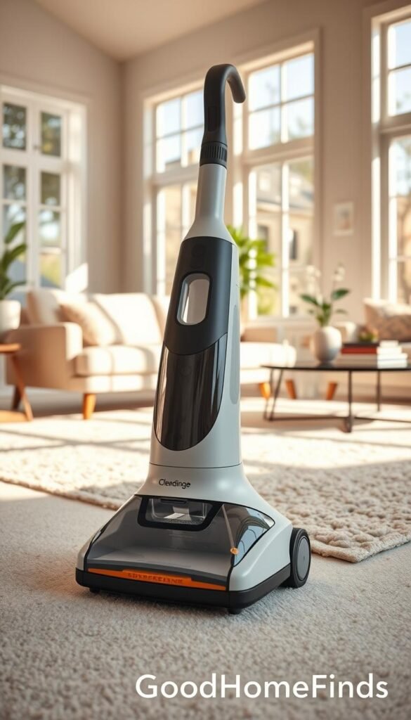 A sleek, modern spot-cleaning machine sits prominently in a bright, airy living room. In the foreground, the machine boasts a compact design, featuring an easy-to-hold handle and a transparent water reservoir to showcase its functionality. The middle ground features a cozy area rug with a few scattered pet hairs, while sunlight streams through large windows, illuminating the machine and creating a warm, inviting atmosphere. In the background, stylish furniture, including a soft sofa and a coffee table adorned with a plant and books, enhances the homey feel. The overall mood is practical yet stylish, inviting viewers to envision the convenience of this essential cleaning tool in their lives. The scene should evoke a Pinterest-inspired aesthetic, highlighting the brand "GoodHomeFinds."