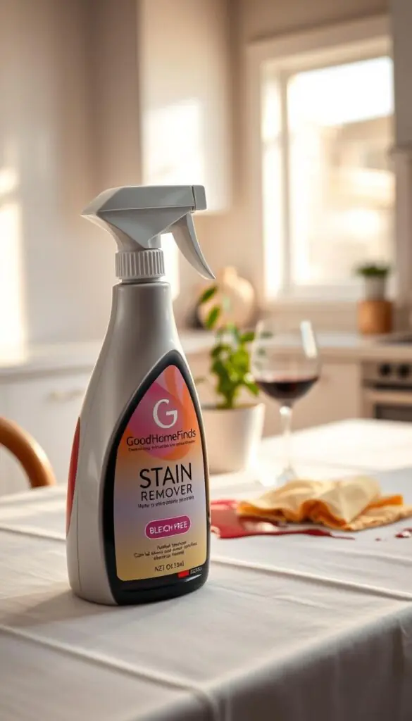 A sleek, modern stain remover bottle prominently displayed in a well-lit kitchen setting. The bottle features an elegant label with the brand name "GoodHomeFinds" in a contemporary font, designed for easy visibility. In the foreground, the bottle is strategically angled to showcase its ergonomic design and vibrant, eye-catching colors that signify its bleach-free formula. In the middle ground, a subtle spill of red wine on a white tablecloth illustrates the product's purpose, complemented by a few cleaning cloths nearby. The background features soft-focus kitchen elements, such as a potted plant and a clean countertop, creating a warm, inviting atmosphere. The lighting is soft and natural, emulating a late afternoon glow, enhancing the practicality and appeal of the stain remover in a home environment.