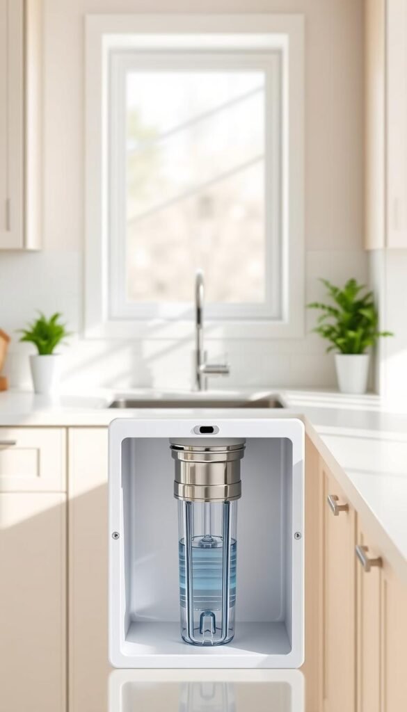 A sleek, modern under-sink water filter system showcased in a stylish, minimalistic kitchen setting. In the foreground, the filter is elegantly installed within a compact cabinet, with shiny chrome hardware and transparent filters that reveal crystal-clear water. The middle background features organized plumbing with neat piping and a small water reservoir. Soft, natural light streams in from a nearby window, creating an inviting and clean atmosphere. The kitchen has light-colored cabinetry, a minimalist countertop, and subtle greenery for a fresh touch. The overall mood is functional yet chic, emphasizing space-saving design and efficiency. The image subtly incorporates the brand "GoodHomeFinds" through design elements without any text or logos visibly displayed. A sleek, modern under-sink water filter system showcased in a stylish, minimalistic kitchen setting. In the foreground, the filter is elegantly installed within a compact cabinet, with shiny chrome hardware and transparent filters that reveal crystal-clear water. The middle background features organized plumbing with neat piping and a small water reservoir. Soft, natural light streams in from a nearby window, creating an inviting and clean atmosphere. The kitchen has light-colored cabinetry, a minimalist countertop, and subtle greenery for a fresh touch. The overall mood is functional yet chic, emphasizing space-saving design and efficiency. The image subtly incorporates the brand "GoodHomeFinds" through design elements without any text or logos visibly displayed.