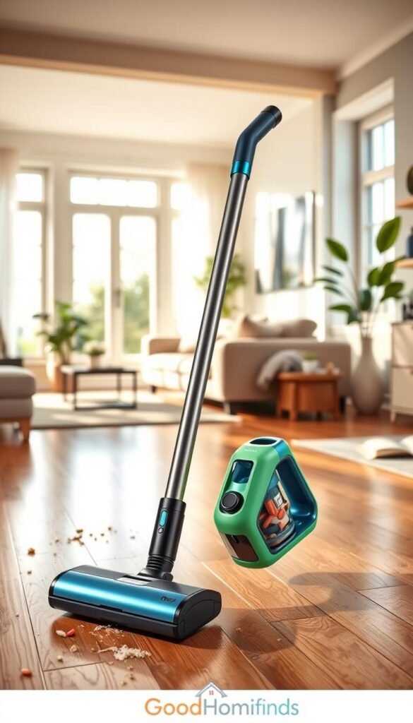 A sleek, modern vacuum designed for quick cleaning sessions, prominently featured in the foreground on a polished hardwood floor. The vacuum has a compact design, showcasing its lightweight build with a vibrant color that catches the eye, possibly a bright blue or green. Surrounding it are scattered household items like crumbs and dust, demonstrating its effectiveness in a busy living space. In the middle ground, a stylish open-plan living room with soft natural lighting filters through large windows, revealing cozy furnishings and a plant for an inviting atmosphere. In the background, subtle organizational tools like storage baskets or cleaning supplies enhance the cleanliness theme. The scene conveys a fresh, vibrant, and efficient cleaning experience, embodying the essence of "GoodHomeFinds."