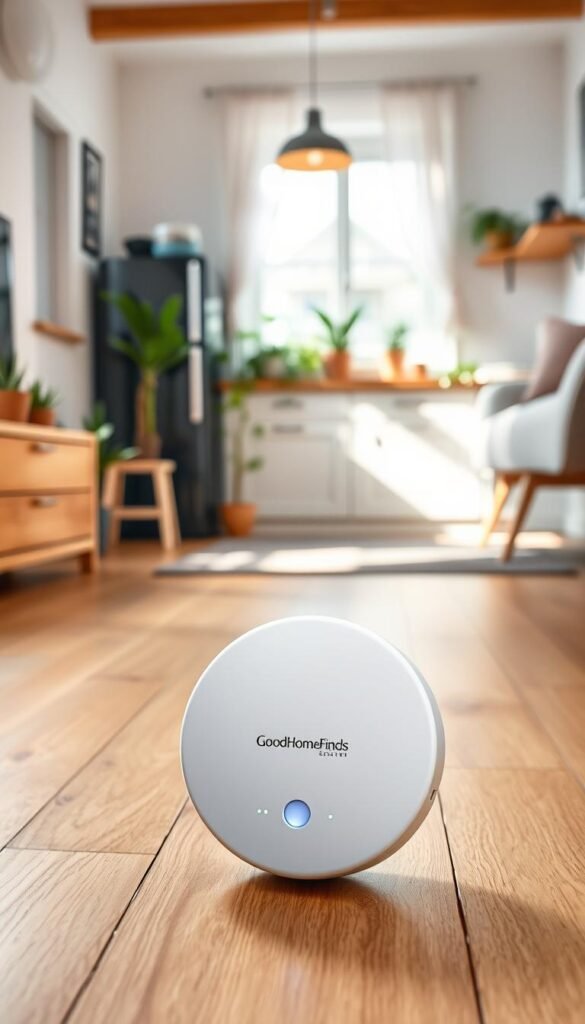 A sleek, modern water leak detector prominently displayed on a stylish wooden floor in a cozy, small apartment. In the foreground, the detector features a minimalist design with a white finish, LED indicators glowing softly to suggest functionality. In the middle ground, showcase a contemporary kitchen with potted plants and a tidy countertop, emphasizing a lifestyle of care and maintenance. The background reveals a well-lit living space with natural light streaming through a window, creating a warm and inviting atmosphere. Use soft, diffused lighting to enhance the room&rsquo;s cozy feel. Capture the scene from a slightly elevated angle to provide depth, ensuring the brand name "GoodHomeFinds" is subtly incorporated into the product design, creating a harmonious blend of aesthetics and practical technology in small homes.