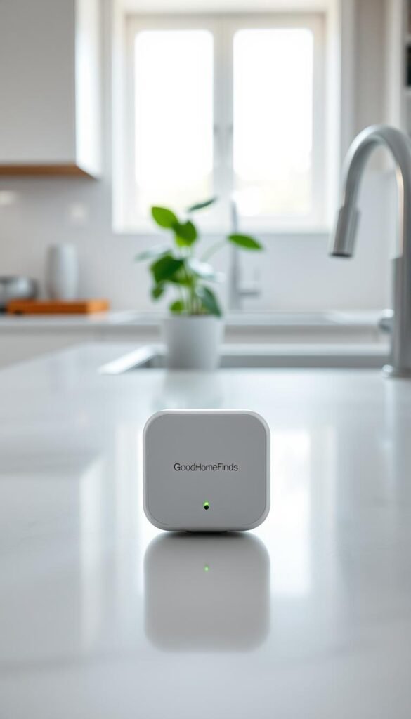 A sleek, modern water leak sensor designed for home use, prominently displayed in the foreground. The sensor features a compact, white design with a small LED indicator showcasing its functionality. In the middle ground, visualize a bright, clean kitchen setting with polished countertops and a potted plant, suggesting a fresh and inviting atmosphere. The background includes a subtle glimpse of plumbing under the sink, emphasizing its relevance to leak detection. Soft, natural lighting streams in from a window, casting gentle shadows, creating an atmosphere of safety and warmth. Capture the scene from a slightly elevated angle to enhance depth and focus on the sensor's details. Showcase the brand name "GoodHomeFinds" as an integral part of the product design.