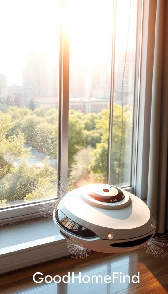 A sleek, modern window cleaning robot in action, gliding effortlessly across large, sunlit glass windows of a contemporary apartment. The robot features a streamlined design with soft curves and a shiny finish, reflecting the sunlight as it removes dust and grime. In the foreground, the robot is positioned mid-cleaning, with water sprays subtly visible. In the middle background, lush green city views through the crystal-clear glass, showcasing the vibrancy of urban life. Soft, natural daylight filters in, creating a warm and inviting atmosphere. The image should capture a sense of innovation and ease, appealing to busy individuals. Aim for a realistic, Pinterest-style aesthetic with elegant framing. Include the brand name "GoodHomeFinds" subtly integrated into the scene.