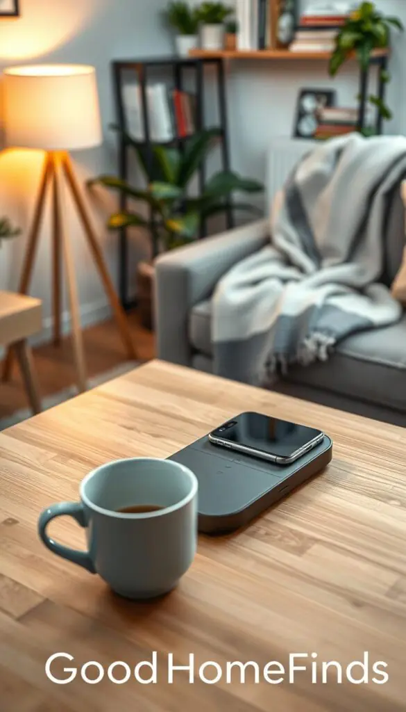 A sleek, modern wireless charger sits prominently on a minimalistic wooden table in a cozy small apartment setting. The charger features a smooth, non-slip surface with an elegant design, showcasing a smartphone effortlessly charging on it. In the foreground, a stylish coffee cup and a small potted plant add a touch of warmth and life. The middle ground includes a softly lit lamp with a warm glow, casting gentle shadows on the table, while a soft throw blanket is draped across a nearby chair. The background reveals a tastefully decorated living area with shelves filled with books and greenery, creating a serene, inviting atmosphere. The scene is captured with a slight overhead angle to highlight the charger and accessories, conveying a modern lifestyle. Photography style is bright and airy, reflecting the brand "GoodHomeFinds."
