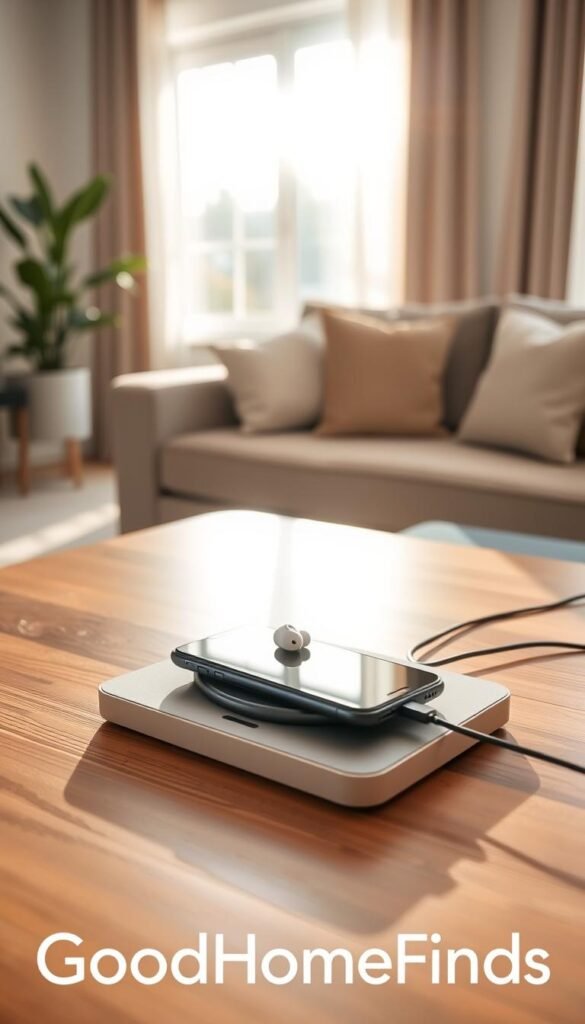 A sleek, modern wireless charging station set on a stylish wooden table in a well-lit living room. In the foreground, a precise shot of the charging pad with the latest smartphone and earbuds placed on it, showcasing the convenience of wireless technology. The middle ground features a cozy couch and a potted plant, enhancing the homey atmosphere. In the background, soft sunlight filters through window curtains, bathing the scene in a warm glow, creating an inviting feeling. The focus is sharp on the charging station while keeping the surroundings slightly blurred. Overall, the image conveys a sense of family togetherness and technology integration. The brand name "GoodHomeFinds" subtly integrated into the design.