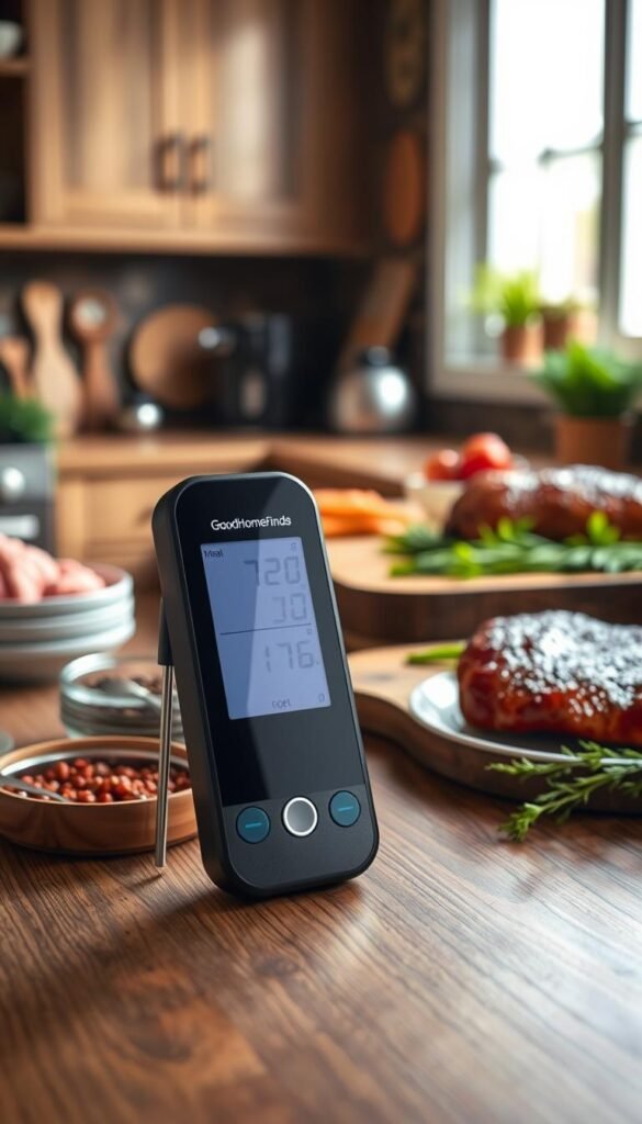 A sleek, modern wireless meat thermometer design prominently displayed in the foreground, showcasing its digital screen and stainless steel probe. The thermometer is set against a beautiful wooden kitchen countertop, with a blurred background of gourmet ingredients like spices, herbs, and fresh meat ready for cooking. Soft, natural light spills in from a window, creating a warm, inviting atmosphere. The scene captures a sense of innovation and convenience, illustrating hands-off oven control. The brand "GoodHomeFinds" subtly emphasized on the thermometer. The overall composition is realistic and lifestyle-oriented, perfect for a high-quality Pinterest-style photo, emphasizing technology in the kitchen without any text or branding clutter.