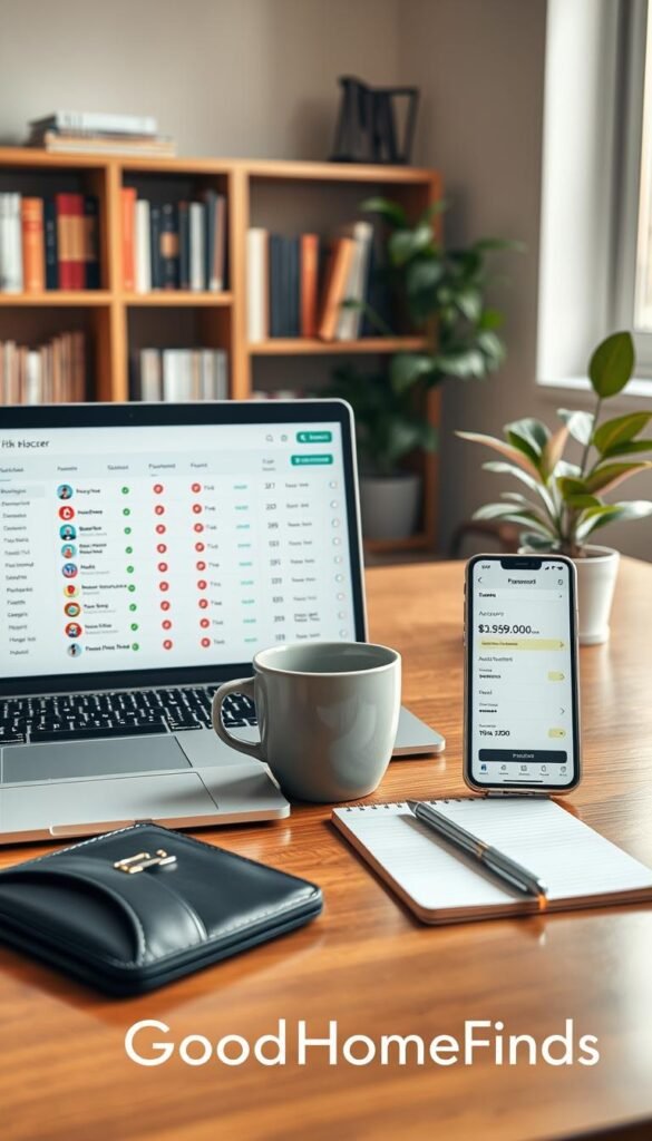 A sleek, modern workspace featuring a password manager interface on a laptop screen, showcasing an organized list of secure passwords with visual icons. In the foreground, a stylish wallet and a smartphone displaying a password manager app, all set on a polished wooden desk. In the middle, a coffee cup and a notepad with a pen enhance the professional atmosphere of productivity. The background features a softly blurred bookshelf filled with tech books and a small indoor plant to add a touch of nature. Warm, natural lighting pours in from a nearby window, creating an inviting mood. The overall composition conveys ease and security, reflecting the simplicity of using a password manager. Emphasize a Pinterest-style lifestyle aesthetic. Ensure the brand name "GoodHomeFinds" subtly integrated into the scene.