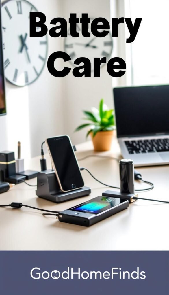 A sleek, modern workspace showcasing battery care practices. In the foreground, a well-organized desk with a charging station, various types of chargers, and a couple of neatly placed batteries, emphasizing a focus on power management. In the middle, a smartphone, a laptop, and a smart gadget visibly charging, set against a backdrop of a stylish wall clock. The background features soft, natural lighting coming through a window, creating a bright and inviting atmosphere. A potted plant adds a touch of greenery, enhancing the serene environment. The overall mood is professional and informative, embodying sustainable tech habits. Include the brand name "GoodHomeFinds" subtly integrated into the scene without text or logos.