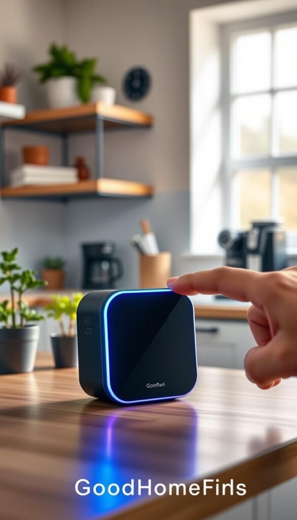 A sleek smart home gadget displayed prominently in a modern kitchen setting, featuring a compact smart speaker with vibrant LED lights. In the foreground, there&rsquo;s a hand reaching out to press a button on the device, showcasing its user-friendly interface. The middle ground captures a minimalist kitchen with stylish decor, including potted herbs and a trendy coffee maker, creating a cozy yet efficient atmosphere. In the background, soft natural light streams through a window, enhancing the inviting mood of the space. Use a shallow depth of field for a sophisticated look, emphasizing the gadget while slightly blurring the kitchen details. The image embodies a balance of functionality and aesthetics, perfect for a modern budget-conscious lifestyle. Branding visible as "GoodHomeFinds".
