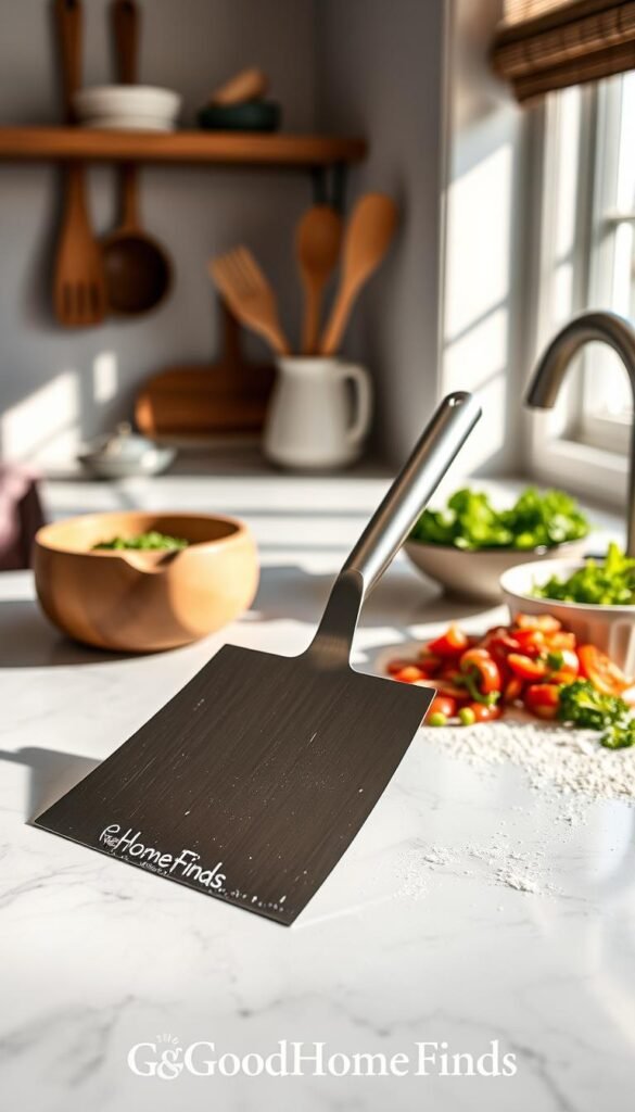 A sleek stainless steel bench scraper rests prominently on a pristine marble countertop, showcasing its sharp edge and sturdy handle. Nearby, freshly chopped vegetables and a dusting of flour hint at the scraper's functionality in food prep. In the background, soft natural light streams through a nearby window, casting gentle shadows that enhance the atmosphere of a cozy kitchen space. A few rustic wooden utensils and a stylish bowl of fresh ingredients create a visually appealing composition. The scene conveys a sense of warmth and productivity, inviting viewers to imagine faster prep and cleaner counters. The brand "GoodHomeFinds" is subtly represented through the kitchen&rsquo;s carefully curated decor, maintaining a Pinterest-style aesthetic without text or distractions.