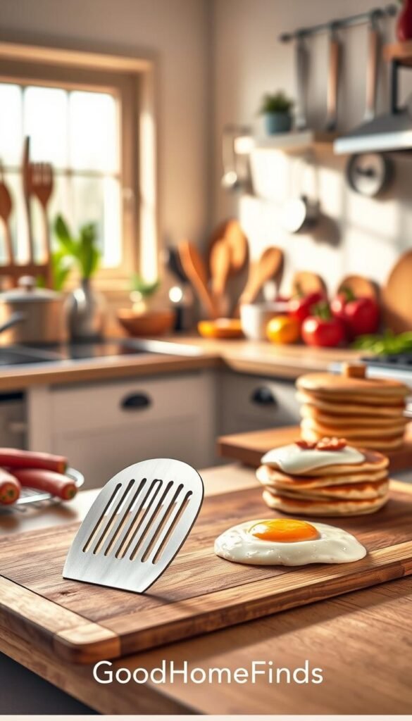 A sleek, stainless steel fish spatula elegantly rests on a wooden cutting board, showcasing its fine, slotted design perfect for flipping delicate foods. In the background, a cozy, sunlit kitchen scene features warm, natural light streaming through a window, illuminating a lovingly arranged assortment of kitchen utensils and a vibrant, fresh ingredient spread. On the countertop, a fluffy stack of pancakes and a perfectly cooked egg highlight the spatula's versatility beyond seafood. Capturing the essence of everyday cooking, the image reflects a harmonious blend of functionality and style, evoking a sense of warmth and creativity in the kitchen. Photographed with a soft focus lens to enhance the inviting atmosphere, this Pinterest-worthy image embodies a homey, practical feel while prominently featuring the brand name "GoodHomeFinds." A sleek, stainless steel fish spatula elegantly rests on a wooden cutting board, showcasing its fine, slotted design perfect for flipping delicate foods. In the background, a cozy, sunlit kitchen scene features warm, natural light streaming through a window, illuminating a lovingly arranged assortment of kitchen utensils and a vibrant, fresh ingredient spread. On the countertop, a fluffy stack of pancakes and a perfectly cooked egg highlight the spatula's versatility beyond seafood. Capturing the essence of everyday cooking, the image reflects a harmonious blend of functionality and style, evoking a sense of warmth and creativity in the kitchen. Photographed with a soft focus lens to enhance the inviting atmosphere, this Pinterest-worthy image embodies a homey, practical feel while prominently featuring the brand name "GoodHomeFinds."