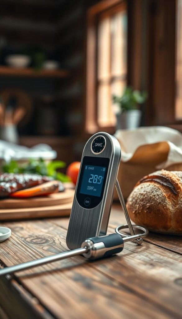 A sleek, stainless steel instant-read meat thermometer with a digital display prominently featured in the foreground, resting on a rustic wooden kitchen countertop. The thermometer's dial is illuminated, showing a precise temperature reading. In the middle background, out-of-focus ingredients like juicy cuts of meat and fresh herbs hint at culinary adventures, while a baking loaf sits nearby, showcasing perfect crust and color. Soft, natural light pours in from a nearby window, creating a warm, inviting atmosphere, perfect for cooking. The overall scene conveys a sense of professionalism and care in food preparation, reflecting the values of GoodHomeFinds. The composition is balanced, with a shallow depth of field drawing the viewer's focus to the thermometer, evoking a feeling of home and delicious cooking experiences. A sleek, stainless steel instant-read meat thermometer with a digital display prominently featured in the foreground, resting on a rustic wooden kitchen countertop. The thermometer's dial is illuminated, showing a precise temperature reading. In the middle background, out-of-focus ingredients like juicy cuts of meat and fresh herbs hint at culinary adventures, while a baking loaf sits nearby, showcasing perfect crust and color. Soft, natural light pours in from a nearby window, creating a warm, inviting atmosphere, perfect for cooking. The overall scene conveys a sense of professionalism and care in food preparation, reflecting the values of GoodHomeFinds. The composition is balanced, with a shallow depth of field drawing the viewer's focus to the thermometer, evoking a feeling of home and delicious cooking experiences.