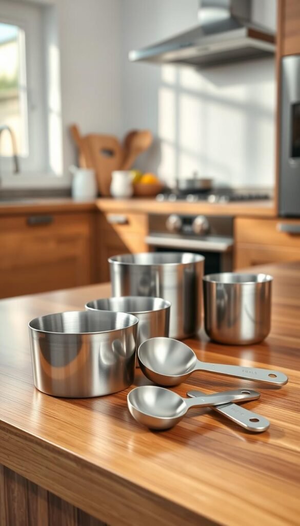 A sleek stainless steel measuring cup set arranged on a polished wooden kitchen countertop. The foreground features the measuring cups in varying sizes, their shiny surfaces reflecting the soft, natural light coming from a nearby window. In the middle, a stainless steel measuring spoon set sits next to the cups, showcasing their elegant design and precise measurements etched clearly into the metal. The background includes a blurred view of a modern kitchen with minimalist cabinetry and soft pastel accents, creating a warm and inviting atmosphere. The composition is shot at a slight angle to emphasize the gleam of the stainless steel and the overall functionality and style of kitchen measuring tools. Capturing the essence of durable design, the mood is professional yet cozy. GoodHomeFinds.