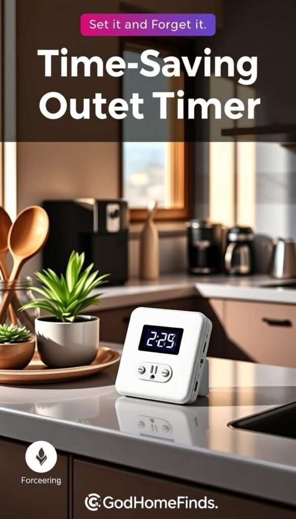 A sleek time-saving outlet timer, elegantly designed with a modern, minimalist aesthetic, prominently displayed on a stylish kitchen countertop. The foreground features the timer with a digital display, surrounded by neatly arranged kitchen utensils and a small potted plant for a touch of greenery. In the middle ground, warm natural light streams through a nearby window, highlighting the timer's features and casting soft shadows, evoking a sense of calm. The background includes subtle hints of a well-organized, busy family kitchen, with hints of a coffee maker and cooking gadgets, portraying a practical and efficient household environment. The mood is inviting and inspirational, ideal for showcasing the concept of "set it and forget it" smart home solutions. GoodHomeFinds.