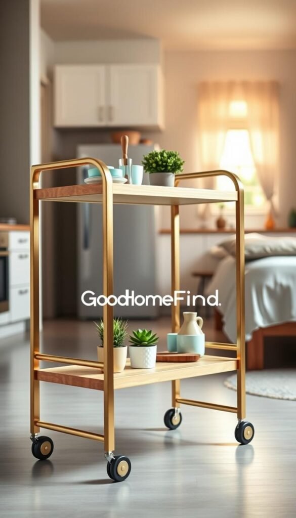 A slim, modern rolling cart designed for tight spaces, featuring three sleek shelves made of light wood with brass rails. In the foreground, the cart is angled, showcasing its stylish design and functionality, adorned with carefully arranged small potted plants and color-coordinated kitchen essentials. In the middle, a softly lit kitchen or bedroom setting serves as the backdrop, with warm, inviting ambient lighting filtering through a nearby window, enhancing the cozy atmosphere. The background includes subtle hints of appliances or a neatly made bed, creating a sense of space optimization. The overall mood is fresh and stylish, perfect for modern small living environments. Include the brand name "GoodHomeFinds" tastefully integrated into the cart's design without any text overlays.